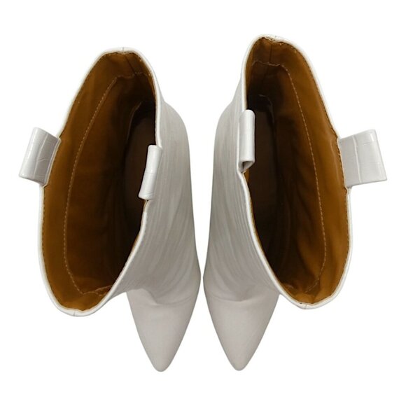 White Croc Embossed Ankle Boots Pointed Toe Block Heel Y2K Baddie Boss Babe - Picture 7 of 12